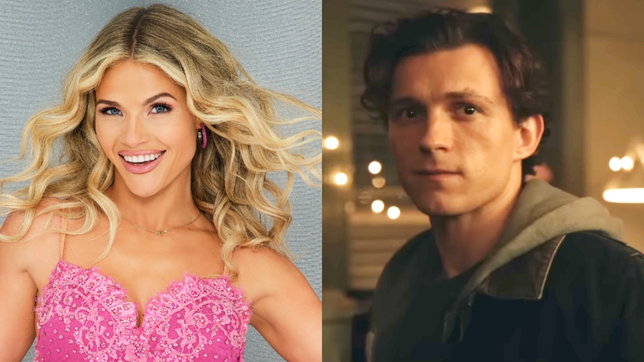 From L to R: Witney Carson posing for Dancing With the Stars Season 34, Tom Holland in Spider-Man: Brand New Day.