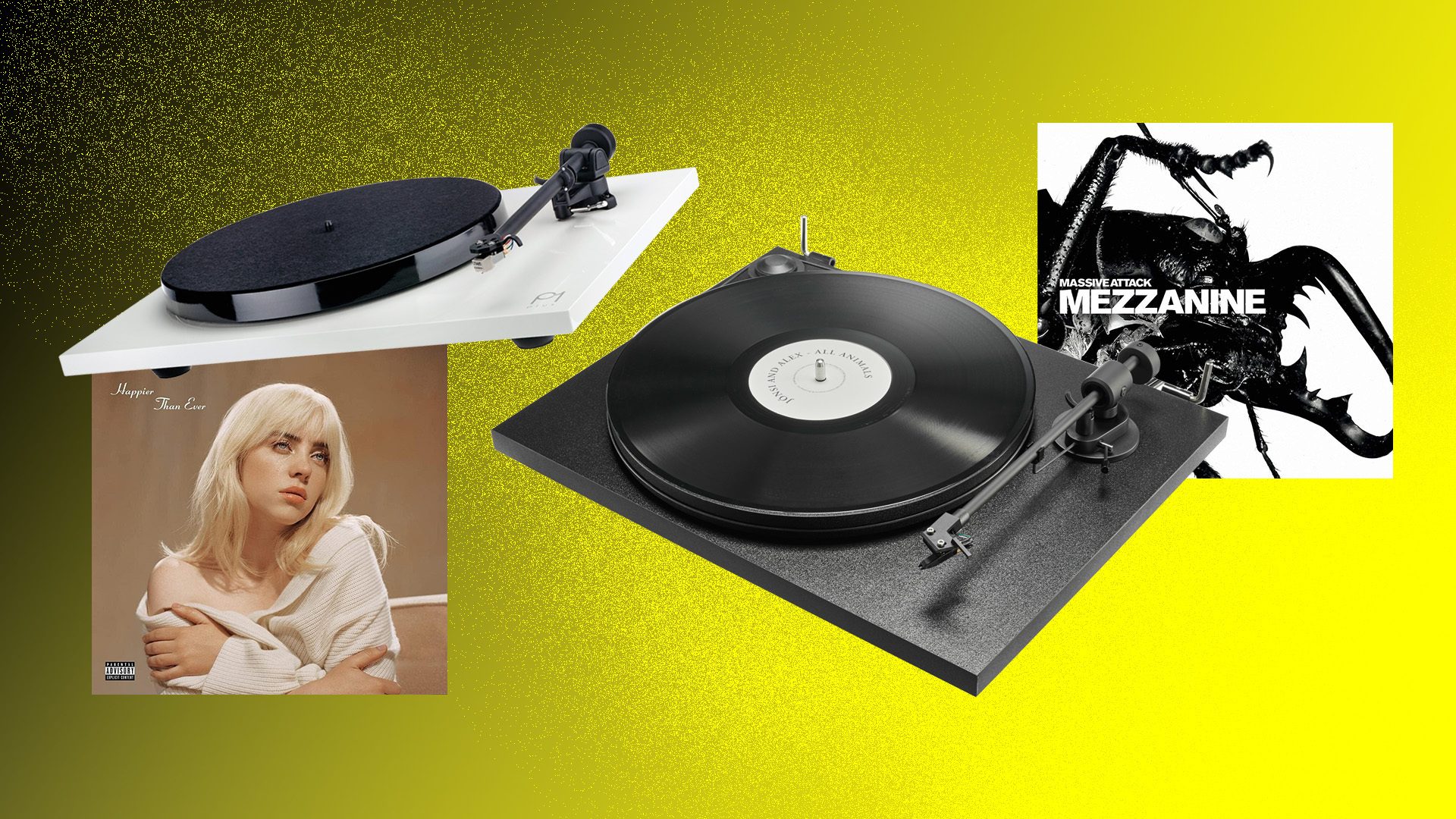 Press images of the Pro-Ject Primary E, Rega Planar One Plus, Mezzanine by Massive Attack and Happier Than Ever by Billie Eilish on a yellow background