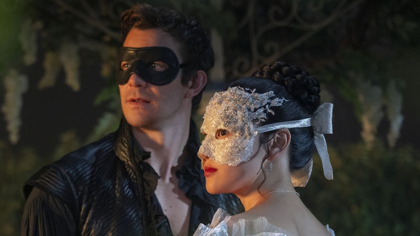 Benedict and Sophie in costume masks in Bridgerton Season 4 premiere