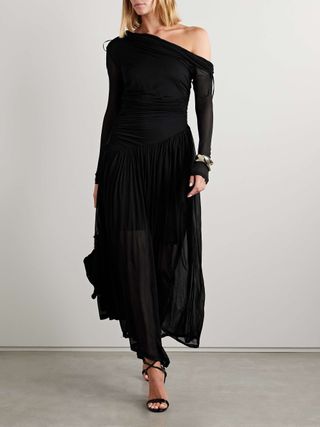 Crush Off-The-Shoulder Tie-Detailed Gathered Stretch-Mesh Maxi Dress