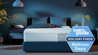 The Casper Wave Hybrid Snow Mattress on a blue fabric bedframe in a blue-grey bedroom, with a Holiday Mattress sales badge overlaid