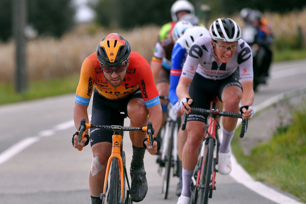 GERAARDSBERGEN BELGIUM OCTOBER 03 Sonny Colbrelli of Italy and Team Bahrain Mclaren Soren Kragh Andersen of Denmark and Team Sunweb Breakaway during the 16th BinckBank Tour 2020 Stage 5 a 1836km stage from Ottignies Louvain la Neuve to Muur van Geraardsbergen 108m BinckBankTour BinckBankTour on October 03 2020 in Geraardsbergen Belgium Photo by Luc ClaessenGetty Images