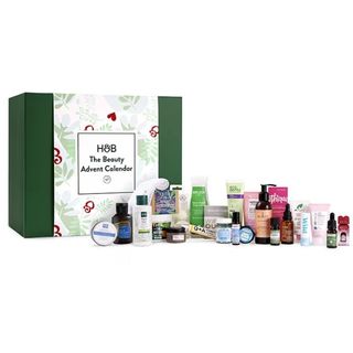 Greena nd white box with products lined up in front