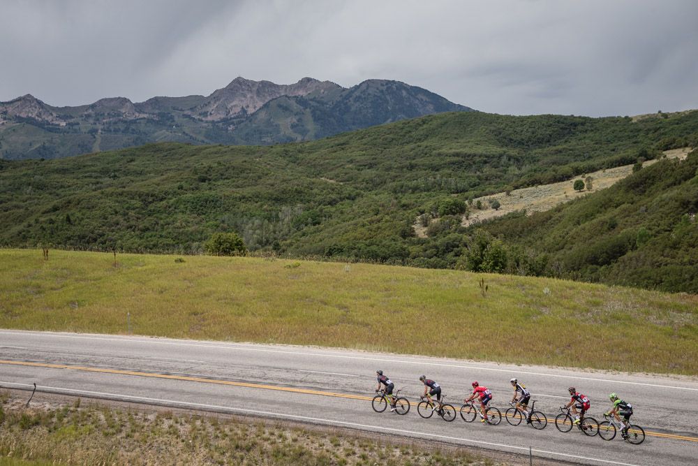 The break heads over today's long climb.