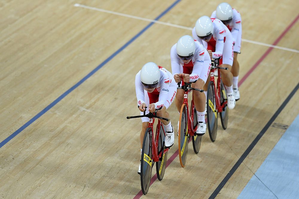 Daria Pikulik, Edyta Jasinska, Justyna Kaczkowska and Natalia Rutkowska of Poland compete in the Women's Team Pursuit Track Cycling Qualifying on Day 6 of the 2016 Rio Olympics at Rio