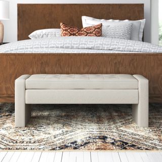 Joss & Main Morada Storage Bench in neutral color at the end of a bed