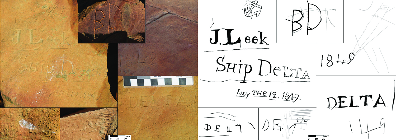 The Delta inscriptions, West Lewis Island, showing the motifs (left) and tracings of the inscriptions (right).