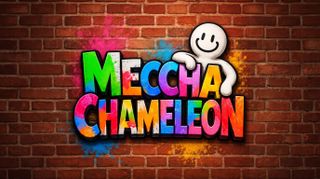 Colorful logo for "MECCA CHAMELEON" against a brick wall, featuring bold letters and a smiling cartoon figure.
