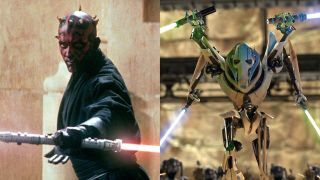 Side-by-side pictures of Darth Maul and General Grievous wielding lightsabers