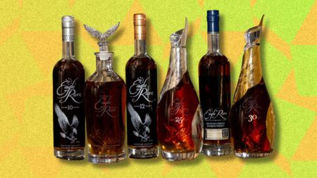 an image of the collection of bottles of offer at the auction, from L-R: Eagle Rare 10, 20, 12, 25, 17, 30