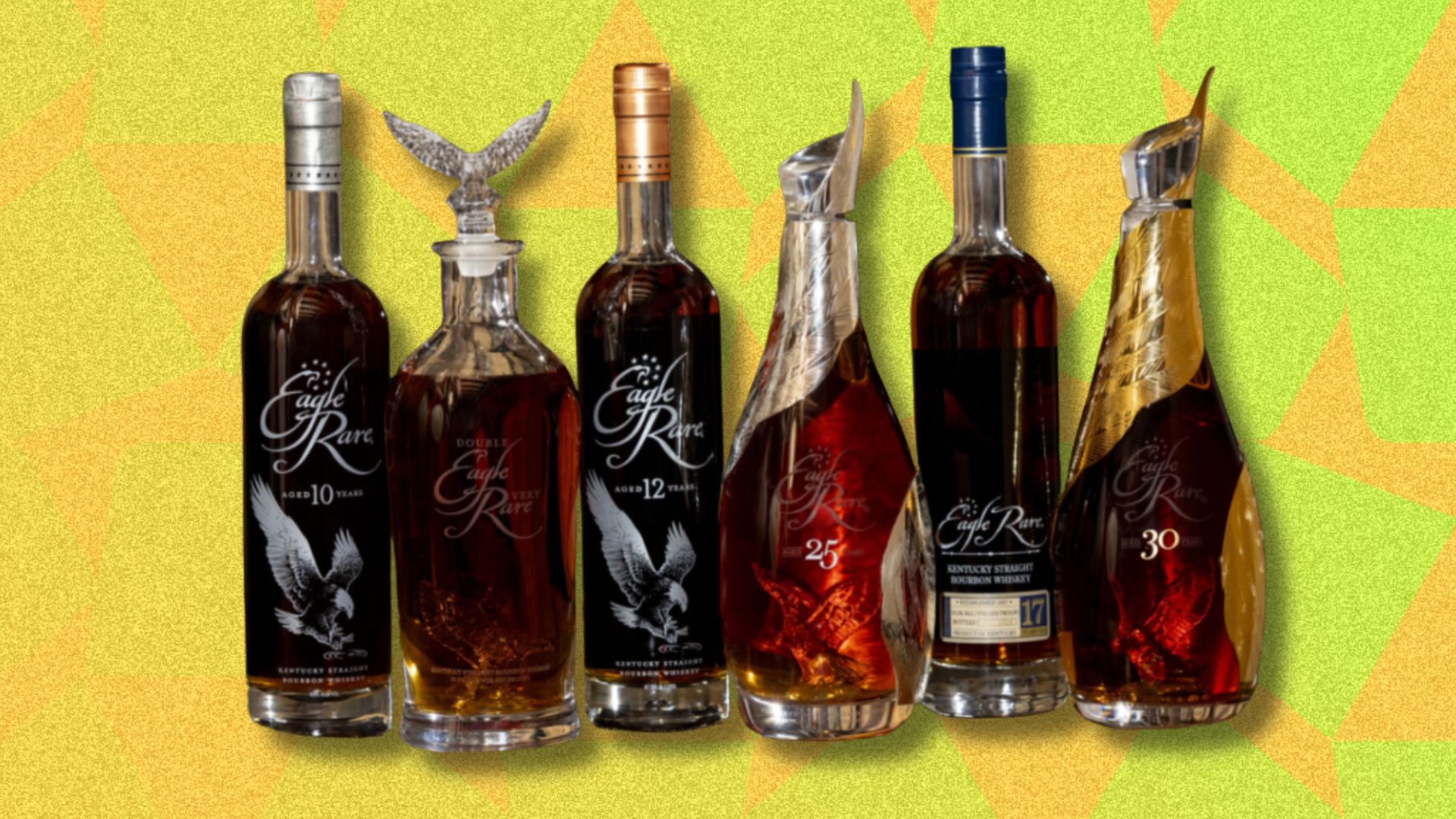 an image of the collection of bottles of offer at the auction, from L-R: Eagle Rare 10, 20, 12, 25, 17, 30