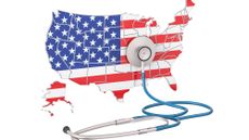 USA map with design of American flag and a stethoscope attached to it