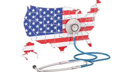USA map with design of American flag and a stethoscope attached to it 