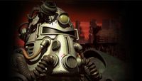 Fallout Power Armor helmet looking to right with darkened red city in background