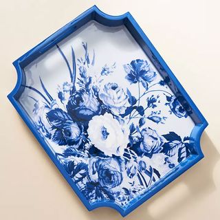 Blue patterned serving tray with floral scene