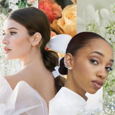 floral collage with three brides layered on top with a range of wedding hairstyles like a bubble ponytail and bun with jewels