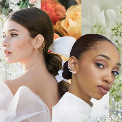 floral collage with three brides layered on top with a range of wedding hairstyles like a bubble ponytail and bun with jewels