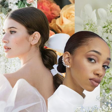 floral collage with three brides layered on top with a range of wedding hairstyles like a bubble ponytail and bun with jewels