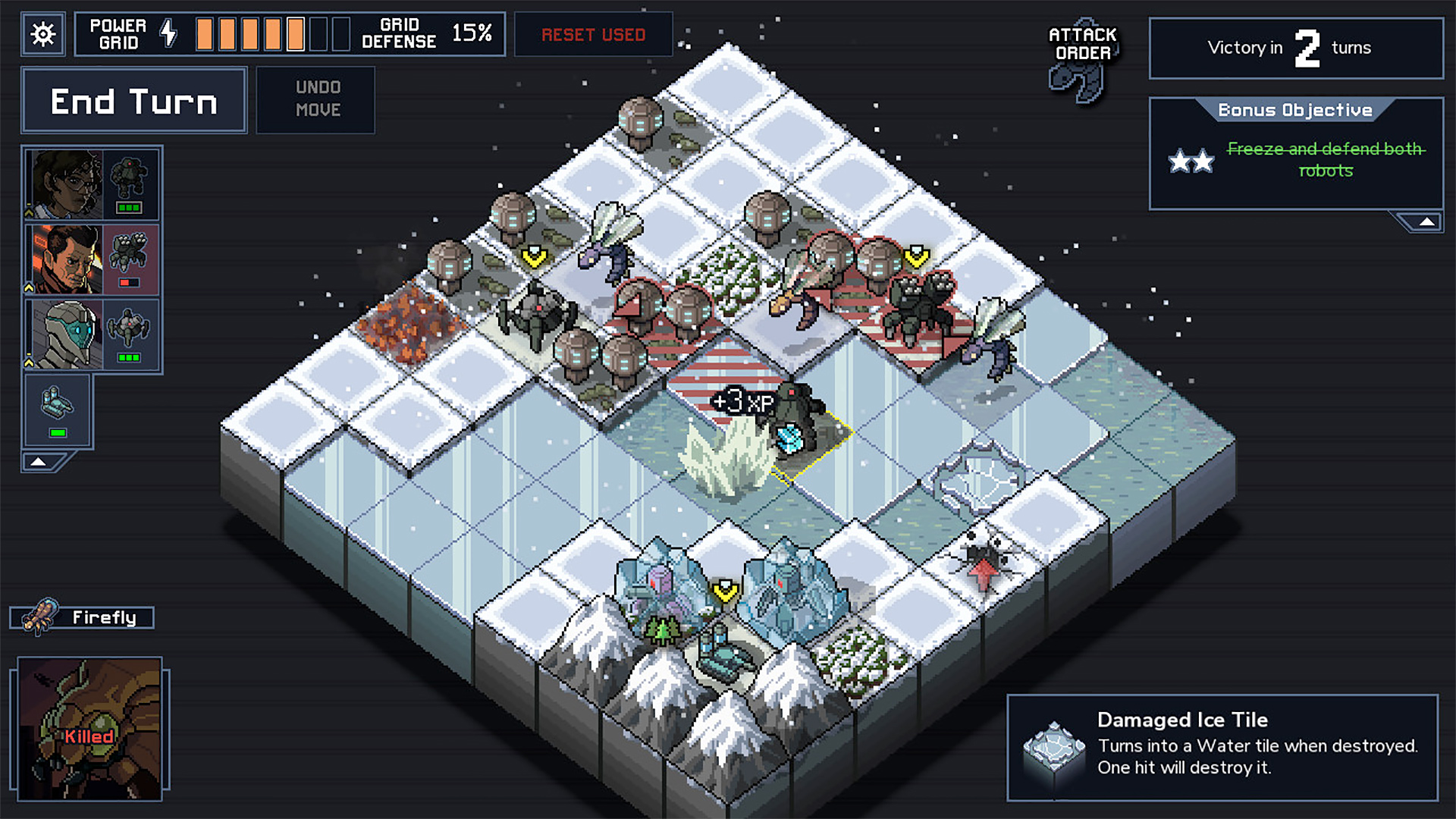 Into the Breach block grid, battling enemies near a snowy mountain range