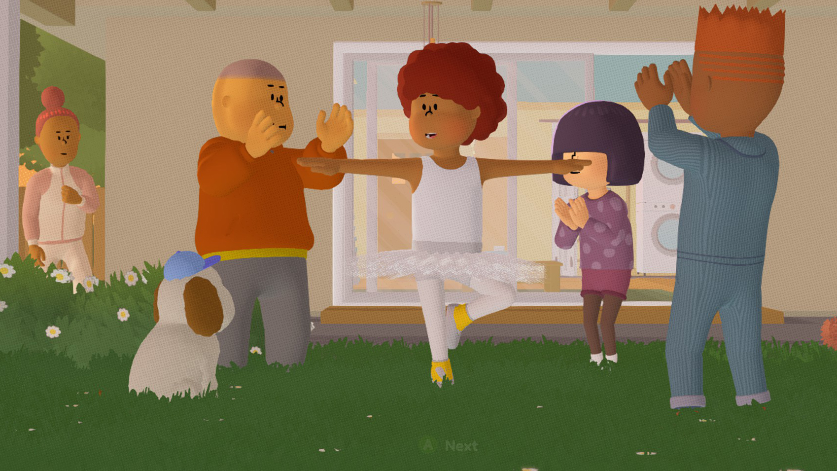 A kid doing ballet while other kids clap and a mom and a dog watch