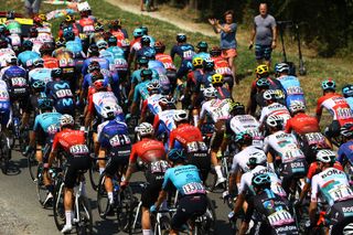 FOIX FRANCE JULY 19 A general view of the peloton competing during the 109th Tour de France 2022 Stage 16 a 1785km stage from Carcassonne to Foix TDF2022 WorldTour on July 19 2022 in Foix France Photo by Michael SteeleGetty Images