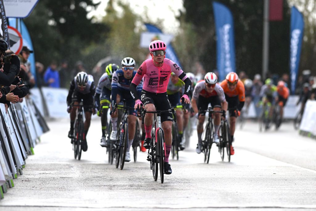 ALCUDIA SPAIN JANUARY 26 Marijn van den Berg of The Netherlands and Team EFEasyPost celebrates at finish line as race winner during the 32nd Challenge Ciclista Mallorca 2023 Trofeo Ses Salines Alcdia a 1586km one day race from Ses Salines to Por DAlcdia ChallengeMallorca on January 26 2023 in Alcudia Spain Photo by Dario BelingheriGetty Images