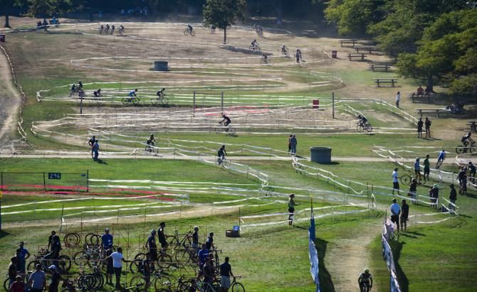Riders zig zagging on the lower ball field