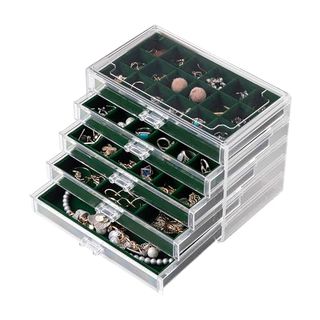 Frebeauty Acrylic Jewelry Organizer Earring Organizer Box With 5 Drawers Earring Holder Organizer With Velvet Trays Clear Jewelry Box for Women Earring Display for Rings Studs(blackish Green)