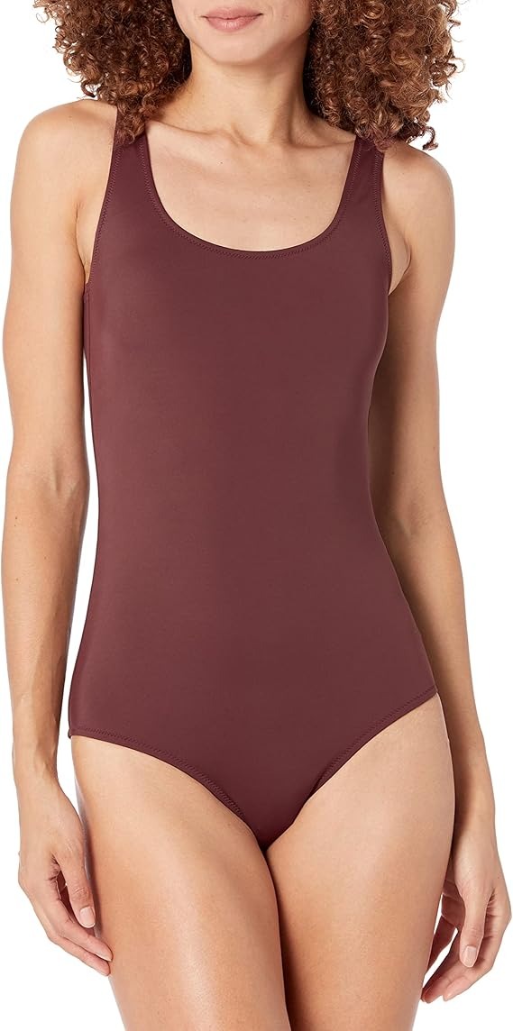 Amazon Essentials Women's One-Piece Coverage Swimsuit (available in Plus Size), Deep Brown, Medium