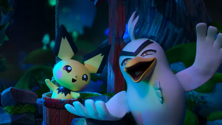 Screenshot from Pokemon Tales: The Misadventures of Sirfetch'd and Pichu, showing a yellow mouse and white bird smiling while singing together.