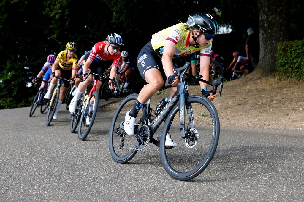 LANDGRAAF NETHERLANDS SEPTEMBER 02 Lorena Wiebes of Netherlands and Team DSM Yellow leader jersey competes during the 25th Simac Ladies Tour 2022 Stage 4 a 1352km stage from Landgraaf to Landgraaf SLT2022 UCIWWT on September 02 2022 in Landgraaf Netherlands Photo by Bas CzerwinskiGetty Images
