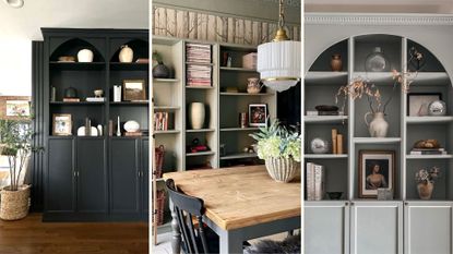 Compilation image showing three IKEA Billy bookcase hacks in living rooms in black, taupe and grey