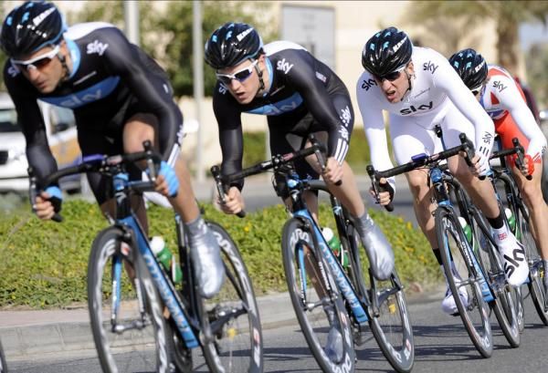 Bradley Wiggins sits towards the back of the Sky train