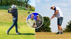 Jonny Leighfield hitting driver (left) and putting (right) with a photo of Karl Morris and Ryan Fox holding the Claret Jug (middle)