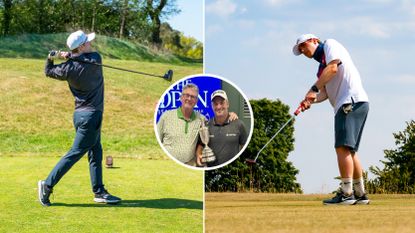Jonny Leighfield hitting driver (left) and putting (right) with a photo of Karl Morris and Ryan Fox holding the Claret Jug (middle)