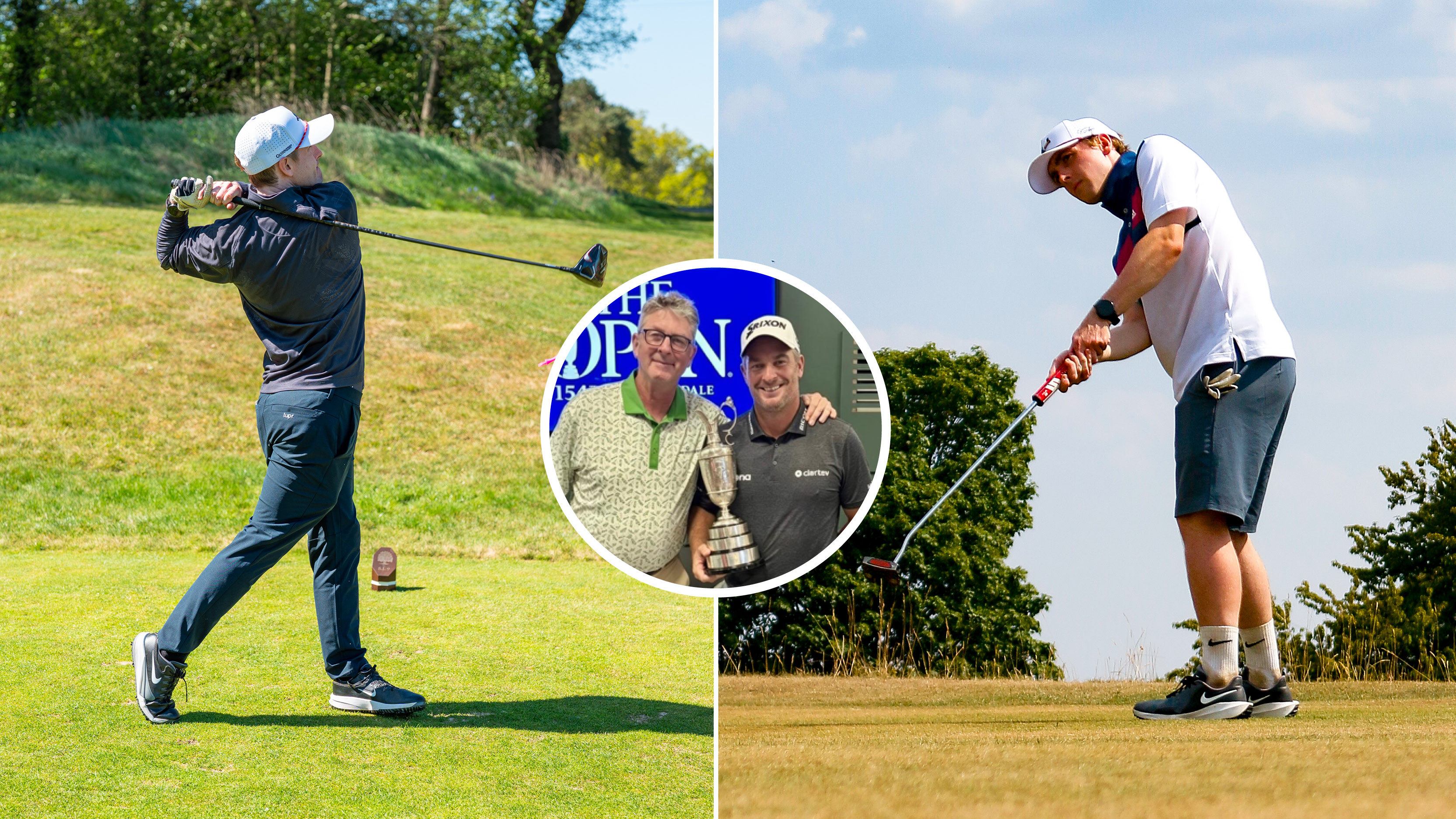 Jonny Leighfield hitting driver (left) and putting (right) with a photo of Karl Morris and Ryan Fox holding the Claret Jug (middle)