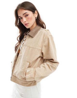 Abercrombie 
Fitch Collared Workwear Zip Up Denim Jacket in Tan