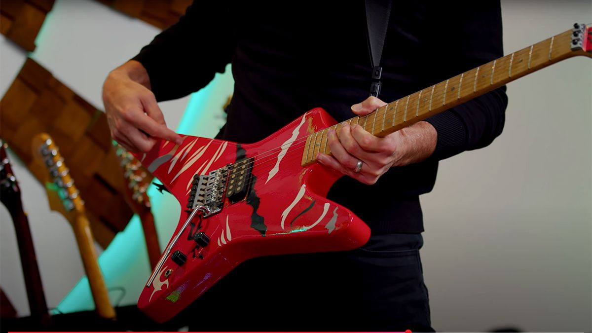 In a screengrab from a Gibson TV video, Dweezil Zappa shows the Kramer guitar Eddie Van Halen gifted to him when he was 12