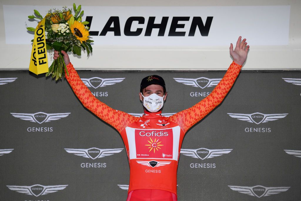 LACHEN SWITZERLAND JUNE 07 Tom Bohli of Switzerland and Team Cofidis Orange Mountain Jersey celebrates at podium during the 84th Tour de Suisse 2021 Stage 2 a 178km stage from Neuhausen am Rheinfall to Lachen UCIworldtour tds tourdesuisse on June 07 2021 in Lachen Switzerland Photo by Tim de WaeleGetty Images