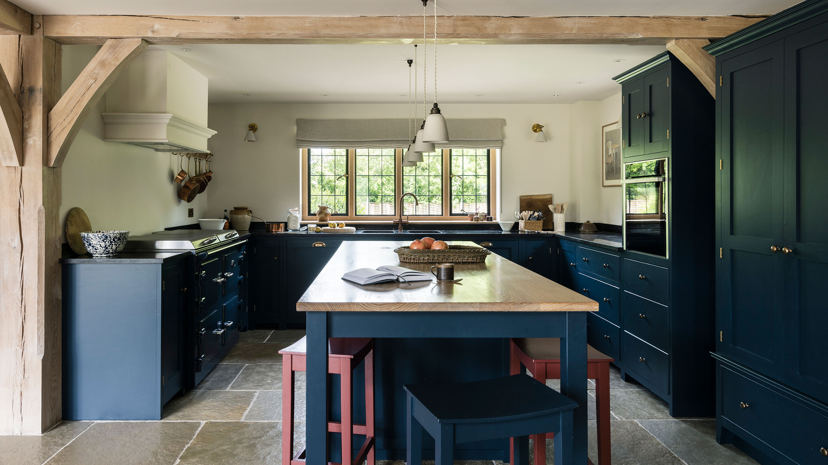 blue farmhouse kitchen in oak frame kitchen