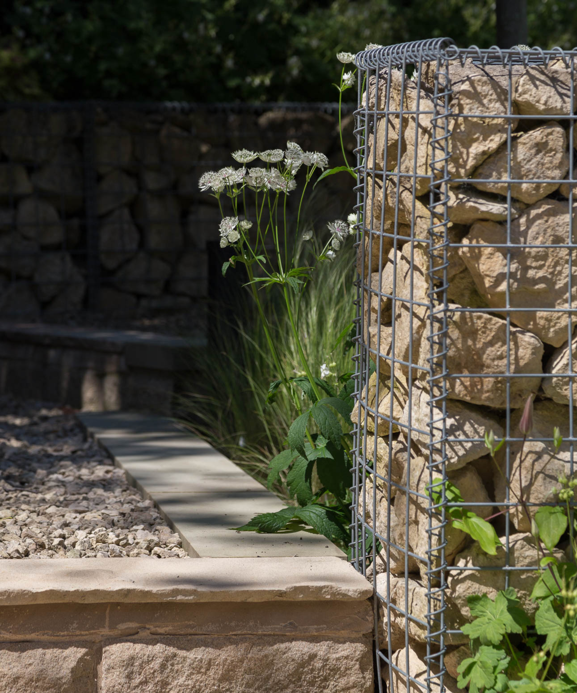 stone gabion wall with planting to side