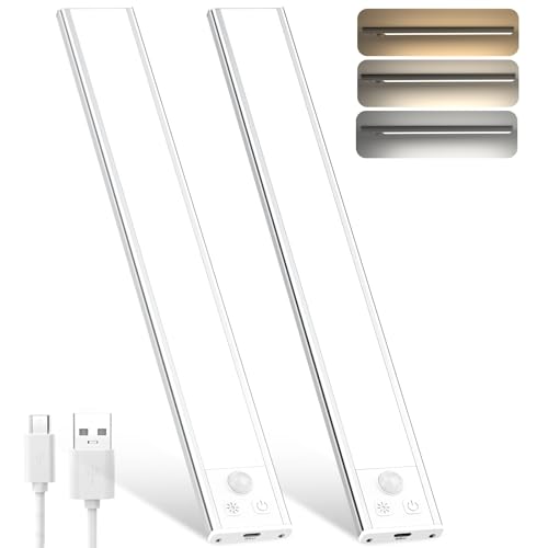 Ouila Under Cabinet Kitchen Lights, 3 Color Dimmable 52 Led Motion Sensor Lights Indoor, 1800mah Usb-C Rechargeable Led Lights for Cupboard, Kitchen (3 Color Temperature, 31cm - 2 Pack)