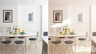 white dining rooms show atdifferent times of teh day with sun and no sun to show a tip for choosing the best white paint colour