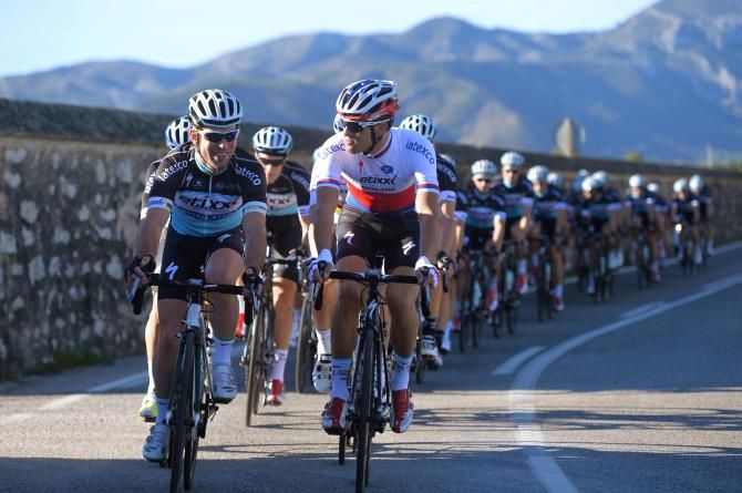 Mark Cavendish and Zdenek Stybar talk during a training ride