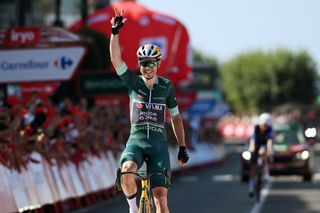 BAIONA SPAIN AUGUST 27 Wout van Aert of Belgium and Team Visma Lease a Bike Green Points Jersey celebrates at finish line as stage winner during the La Vuelta 79th Tour of Spain 2024 Stage 10 a 160km stage from Ponteareas to Baiona UCIWT on August 27 2024 in Baiona Spain Photo by Dario BelingheriGetty Images