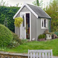 A garden with a shed and green lawn