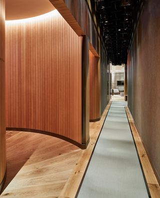 The corridor is clad in wood and features a ceiling of smoky grey acrylic panels.