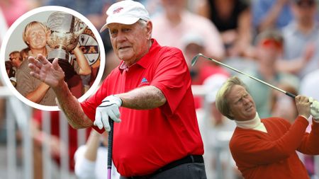 Jack Nicklaus in three different images, hitting a golf shot, waving to the crowd and holding the PGA Championship trophy