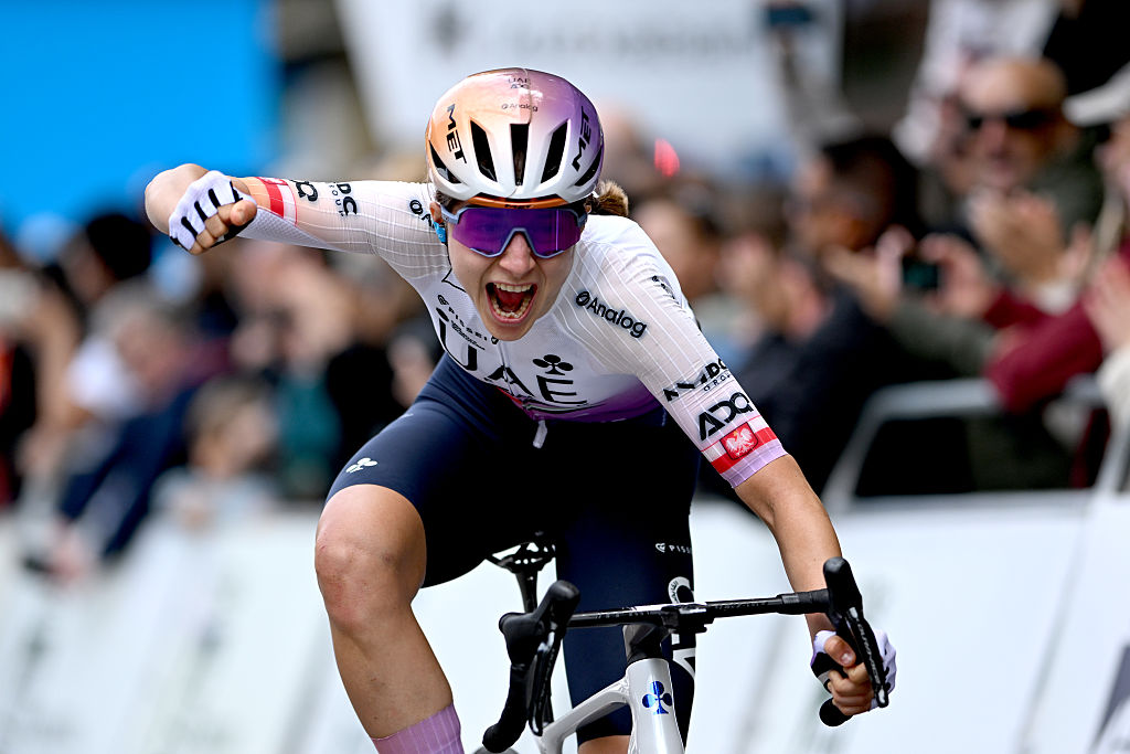 Dominika Wlodarczyk of Poland and UAE Team ADQ celebrates at finish line as stage winner during the 5th Itzulia Women 2026, Stage 3 a 131.1km stage from San Sebastian to San Sebastian