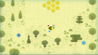 Cartoon bee holding three different colors of pollen in Google Earth Day game